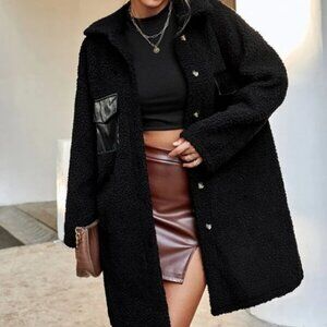 Casual Flap Pocket detail Teddy Coat shacket Jacket Black